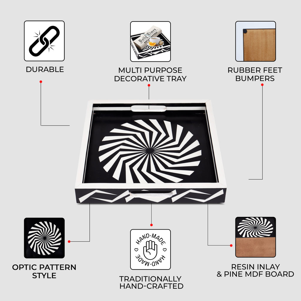 Decorative Tray Illusion Optic Black White Resin Inlay Modern Decorative Tray – 12x12 Inch
