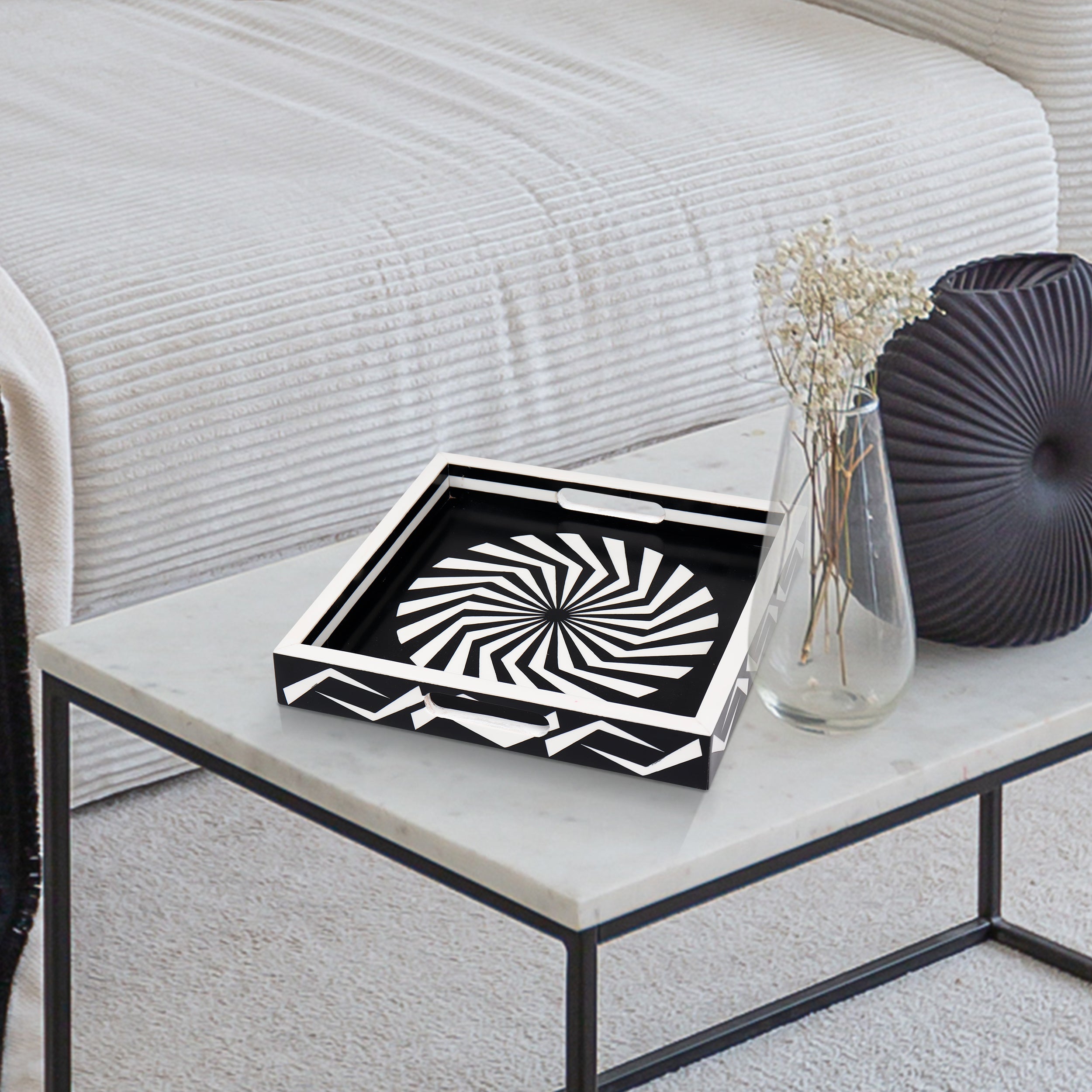 Decorative Tray Illusion Optic Black White Resin Inlay Modern Decorative Tray – 12x12 Inch