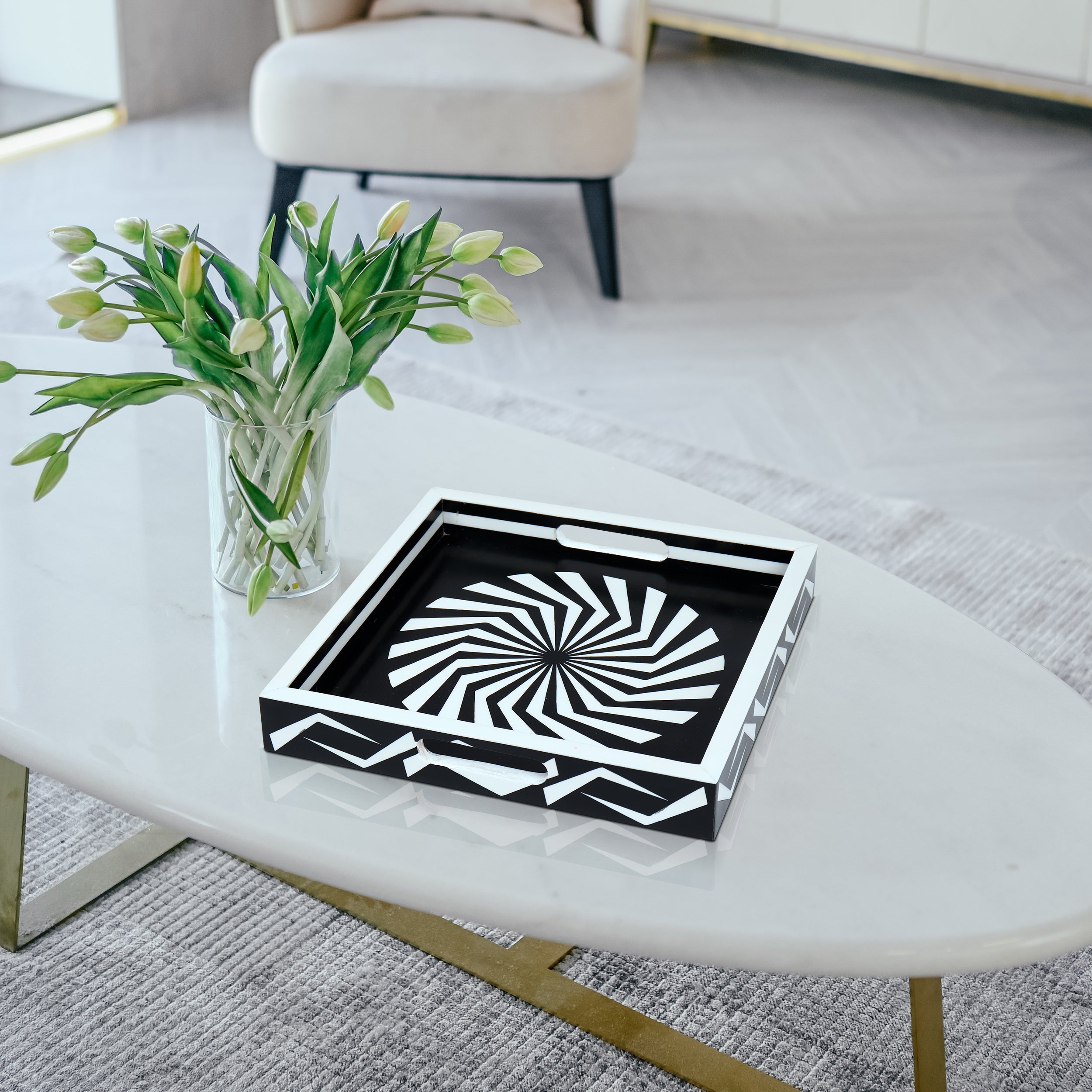 Decorative Tray Illusion Optic Black White Resin Inlay Modern Decorative Tray – 12x12 Inch