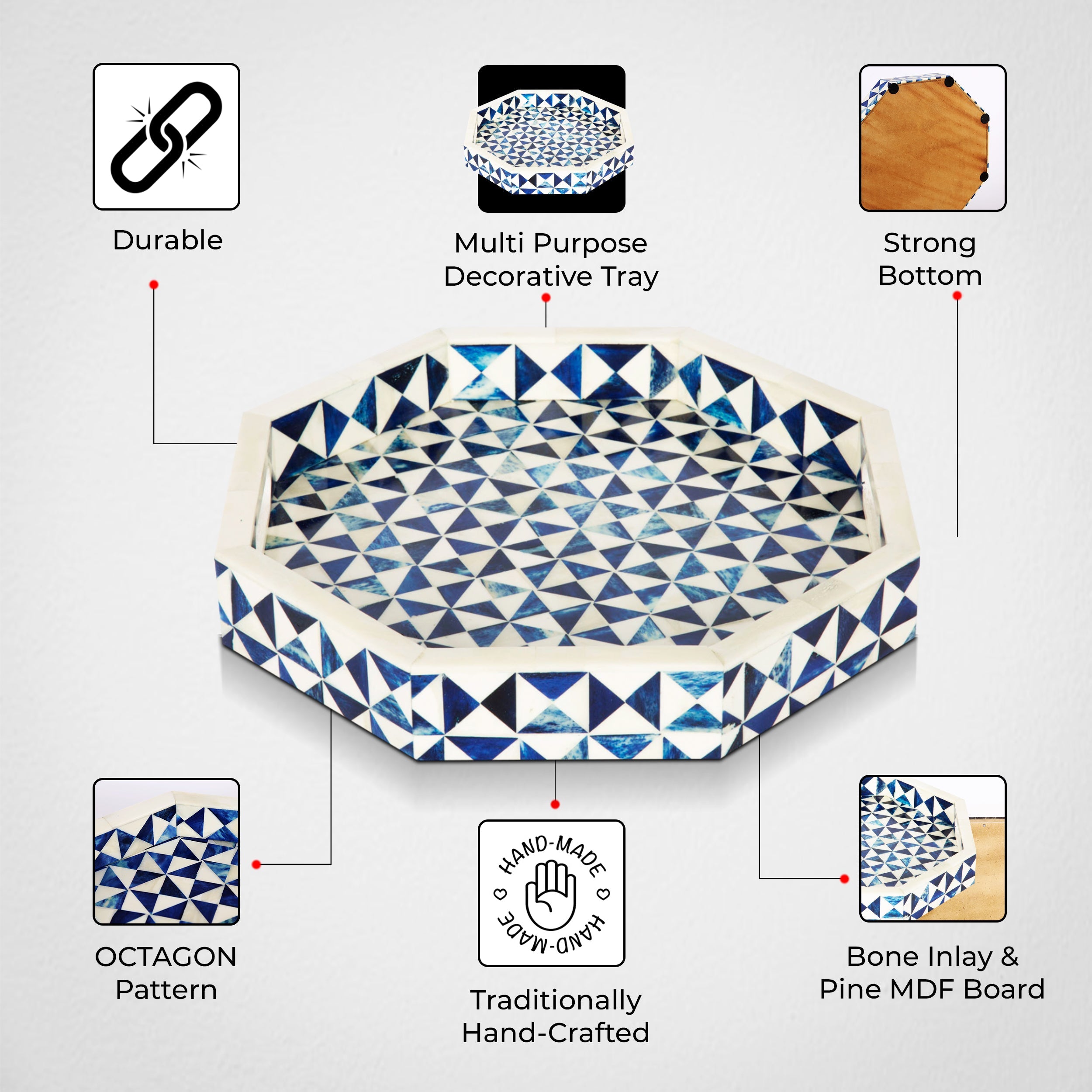Decorative Tray Octagon Pattern Bone Inlay, White & Blue, 12" x 12"