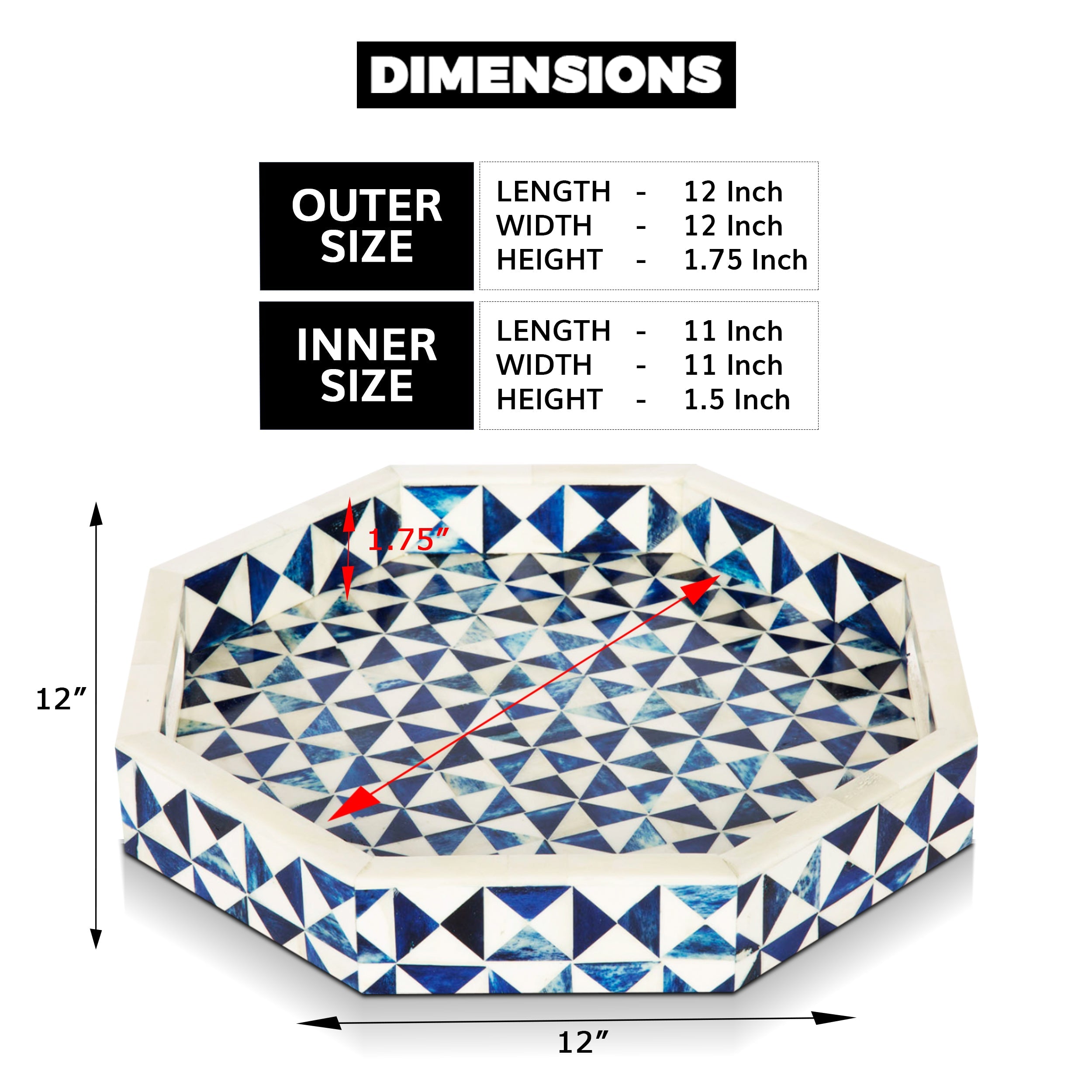 Decorative Tray Octagon Pattern Bone Inlay, White & Blue, 12" x 12"