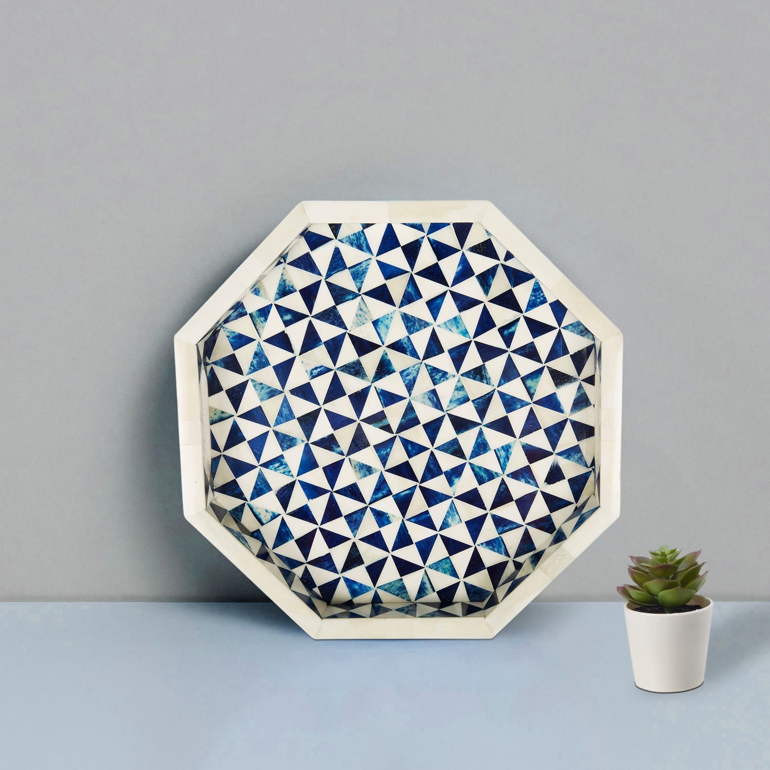 Decorative Tray Octagon Pattern Bone Inlay, White & Blue, 12" x 12"