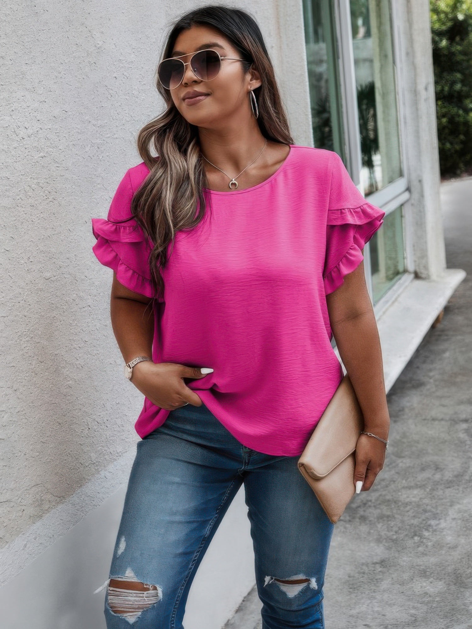 Round Neck Ruffle Solid Loose Shirt