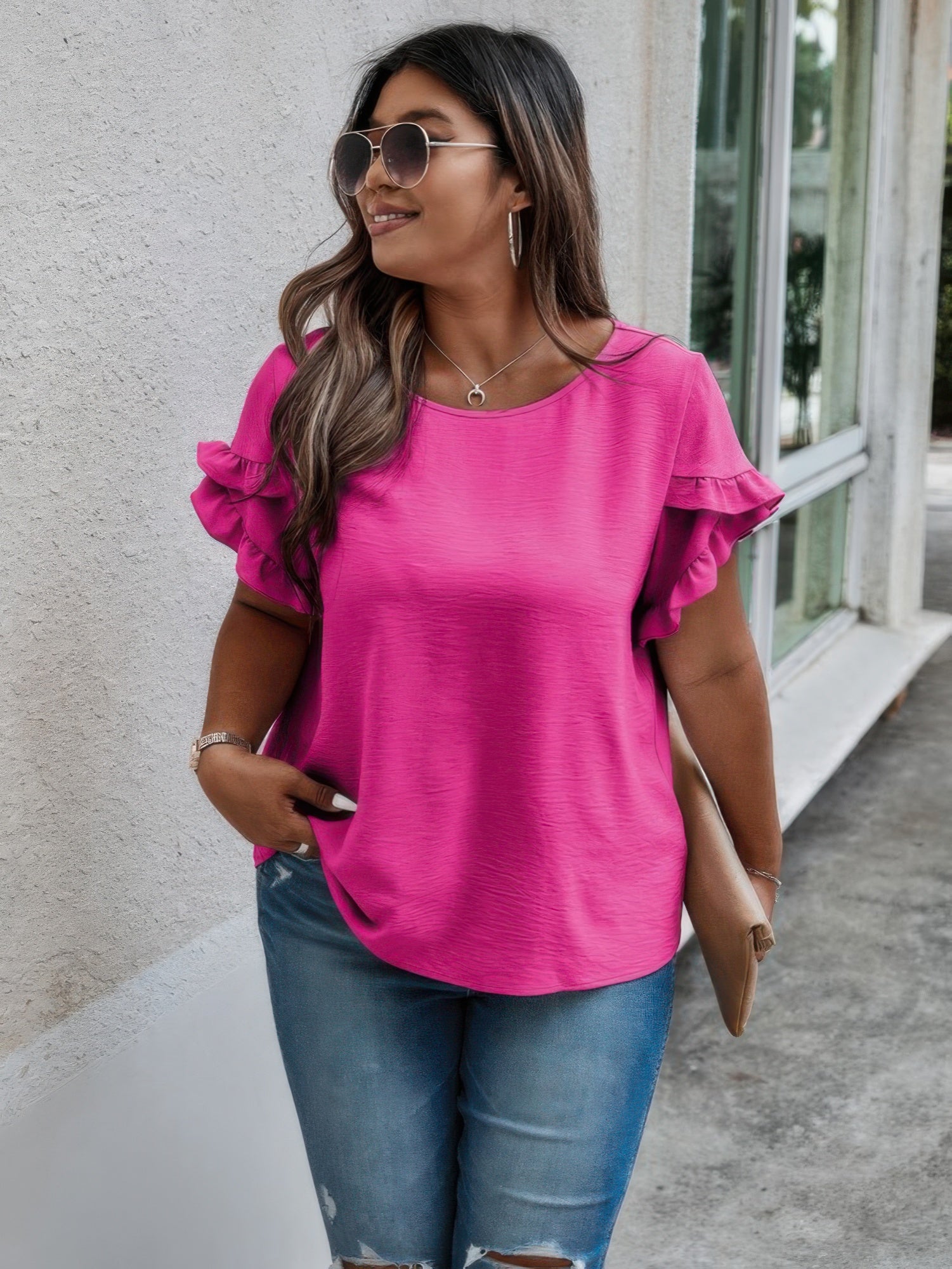 Round Neck Ruffle Solid Loose Shirt