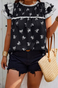 Ruffle Hem Random Print Loose Shirt