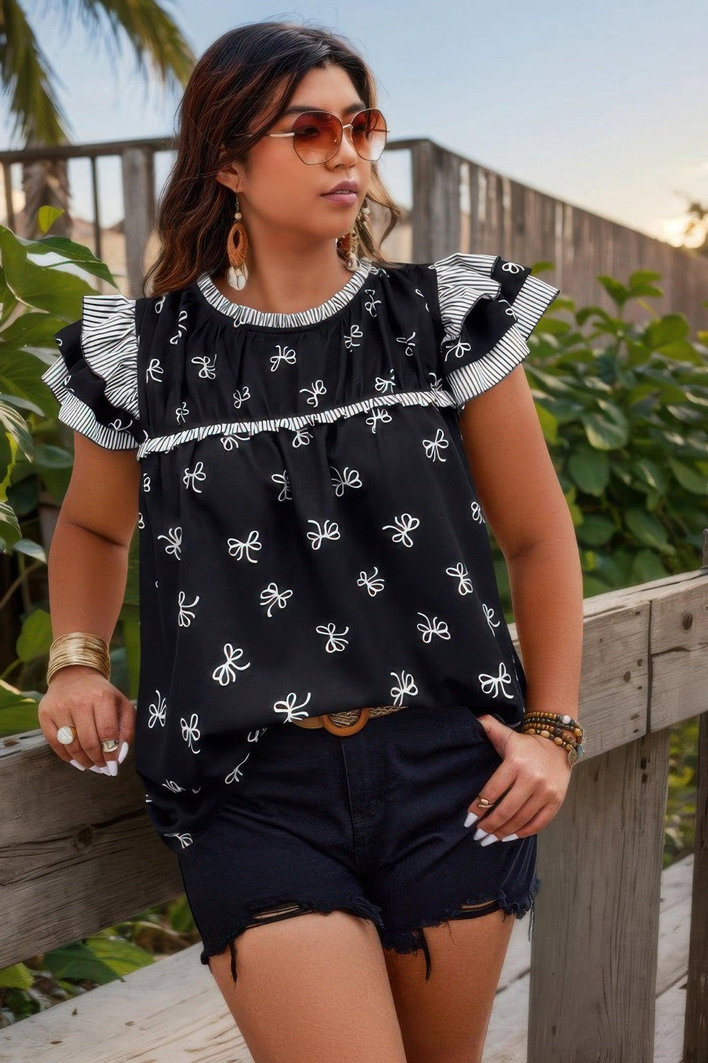 Ruffle Hem Random Print Loose Shirt