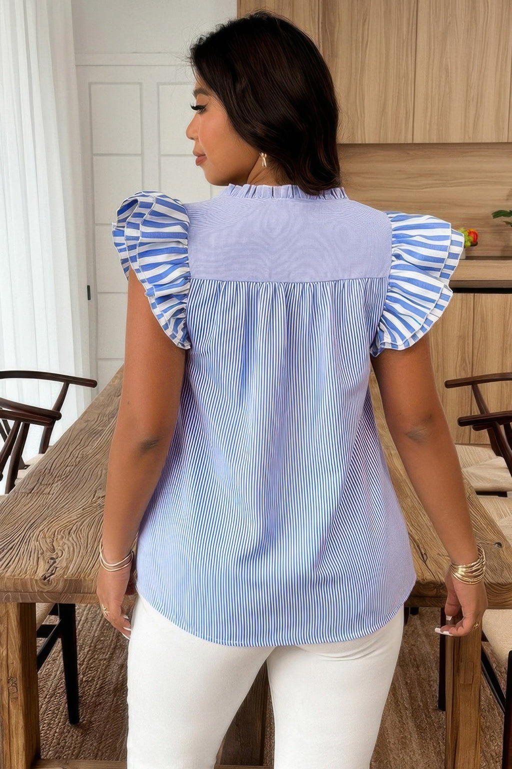 Striped V Neck Flutter Sleeve Blouse