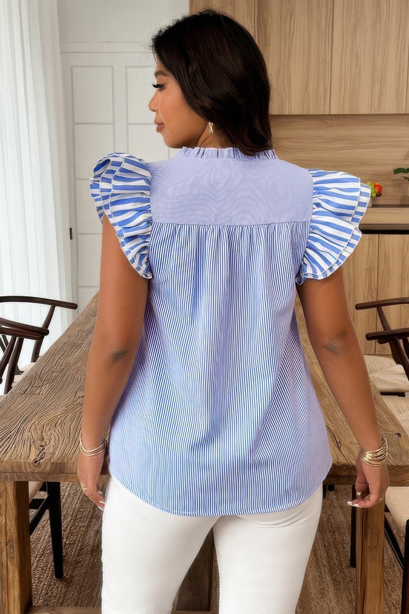 Striped V Neck Flutter Sleeve Blouse