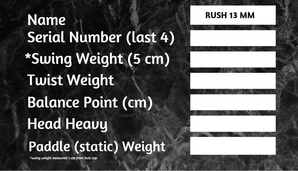 RUSH 13 (PINK)  Includes custom weight card, paddle cover, paddle eraser, and lead weights.