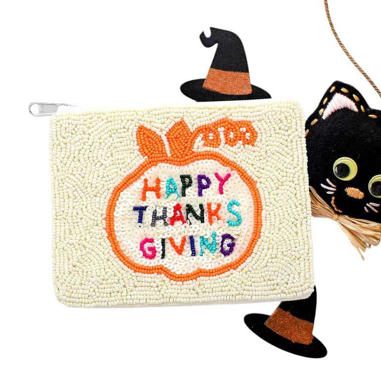 HAPPY THANKSGIVING Message Seed Beaded Mini Pouch Bag