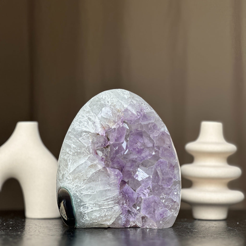 White Quartz & Amethyst Geode Crystal Egg, Large Cave with Agate formations