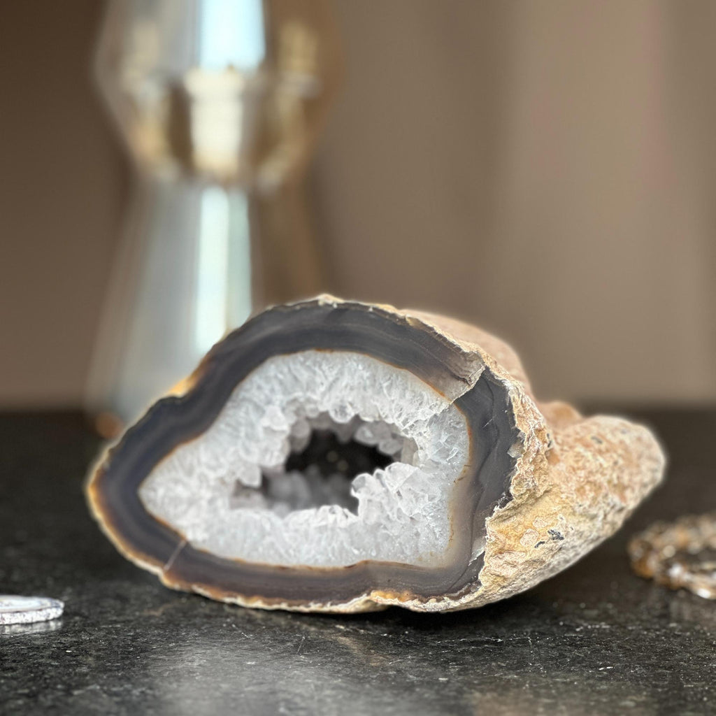 White quartz crystal geode cave, semi precious rocks