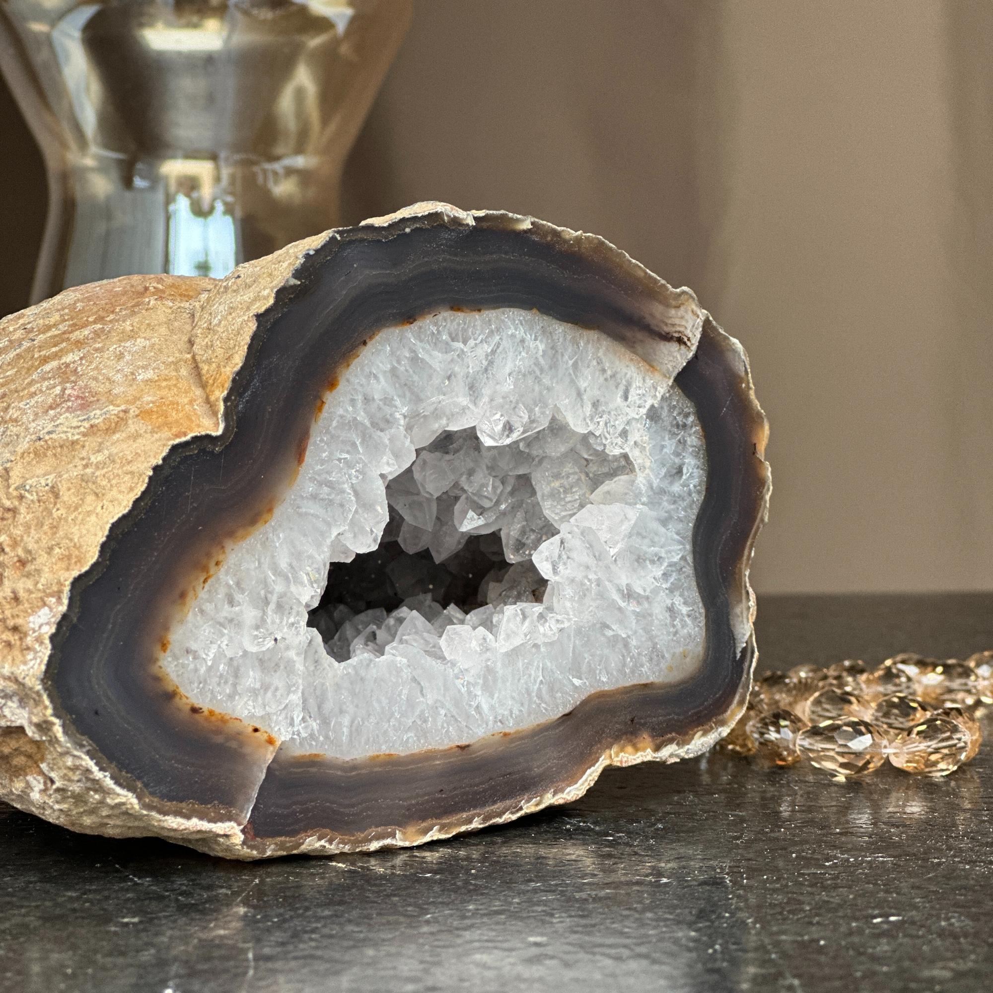 White quartz crystal geode cave, semi precious rocks