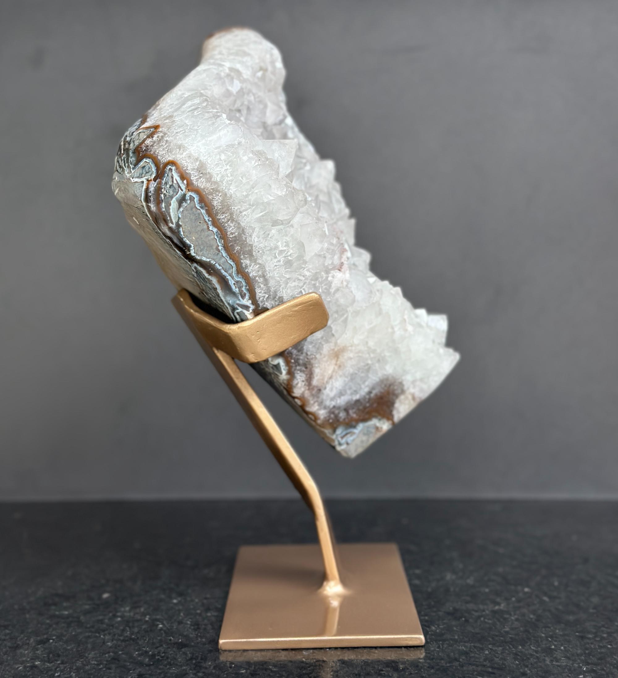 White quartz on stand, Geode with metallic base included for home decoration