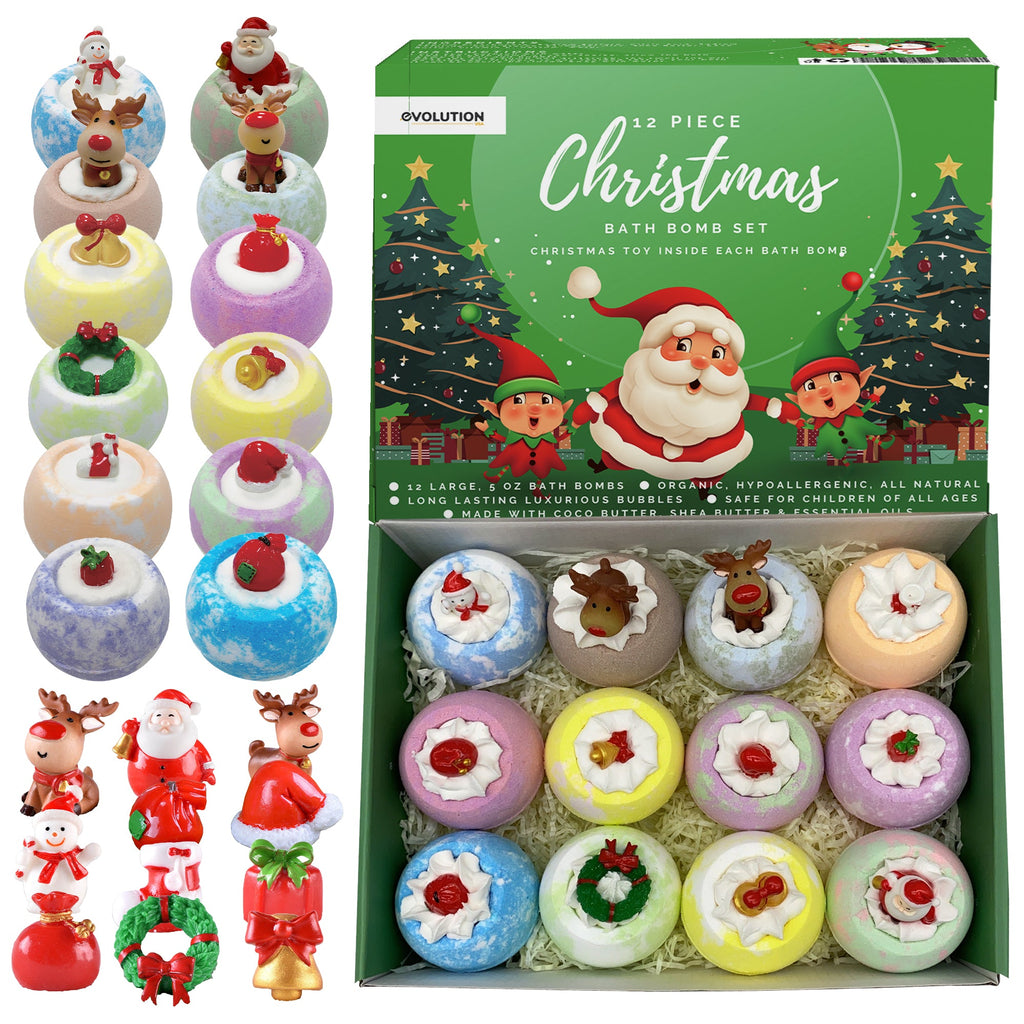 EvolutionUSA - 12 Christmas Bath Bombs for Kids, Holiday Bath Bombs with Surprise Inside, Perfect Christmas Stocking Stuffers or Festive Holiday Bathombs Set, Natural & Hypoallergenic Bath Ball Set