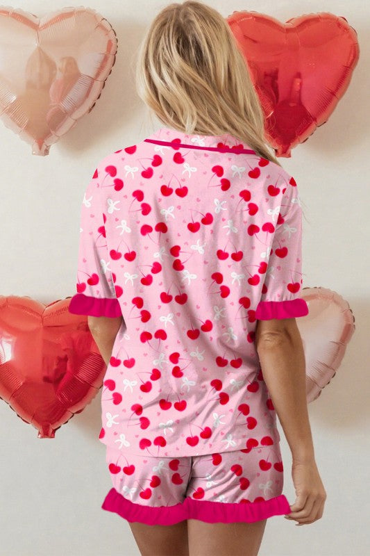 Cherry Bow Tie Top and Shorts Pajama Set