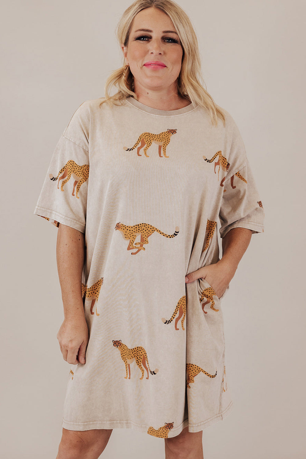 Apricot Cheetah Print Side Pockets T Shirt Mini Dress