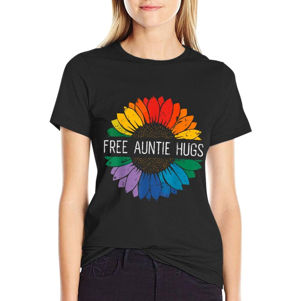 Free Auntie Hugs, LGBT Gay Lesbian Pride Month Rainbow  Wrinkle-resistant T-Shirt