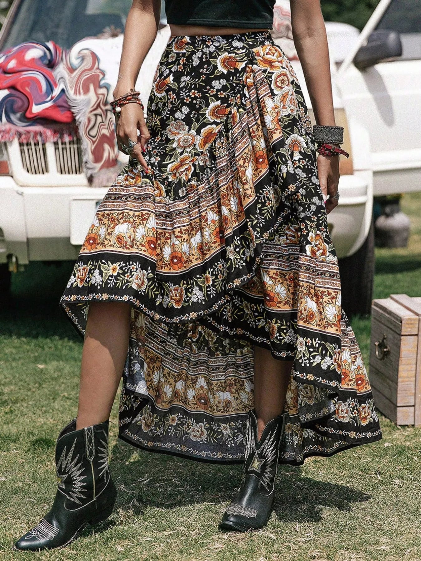 Boho Floral Print High-Low Skirt See size chart under “more details”
