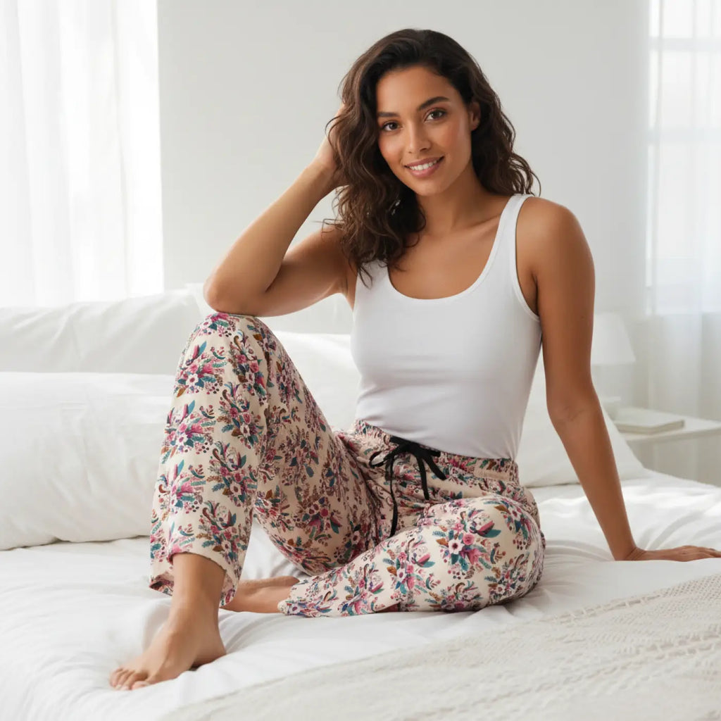 Chic Pajama Pants - Abstract Floral Polyester Jersey - DipaliZ