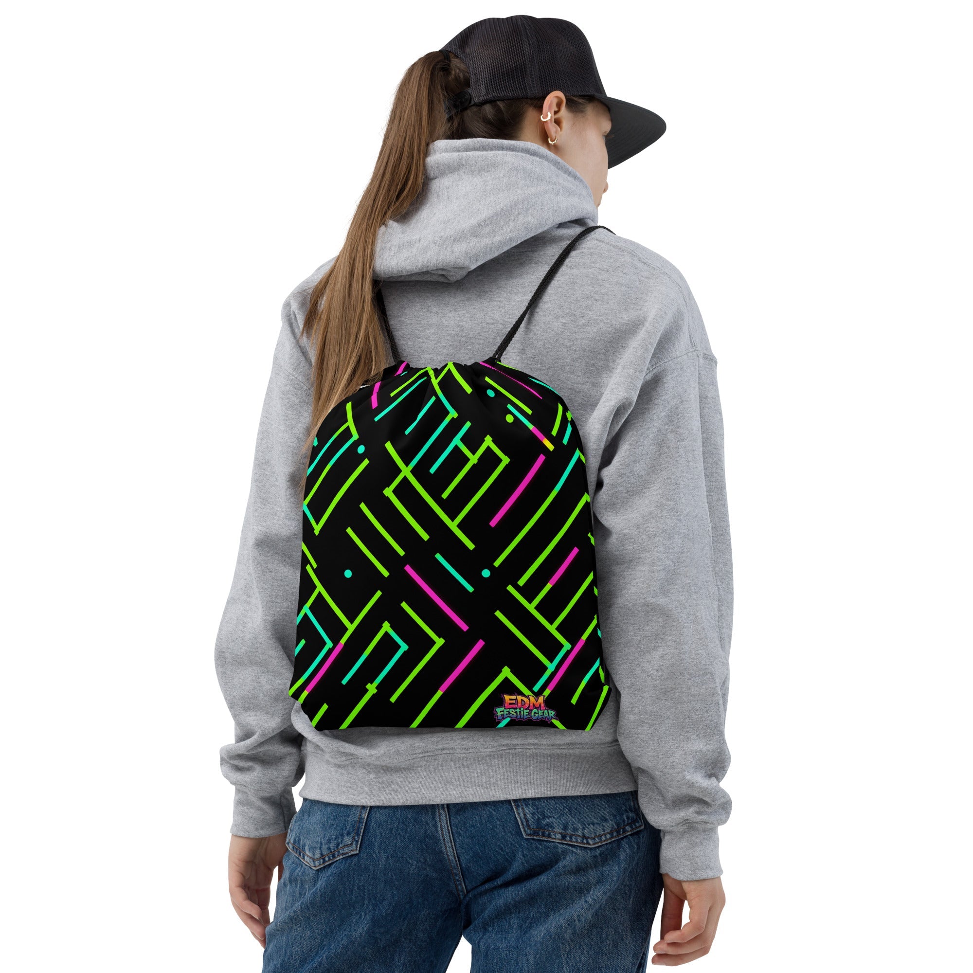 Neon Geometrical Line Drawstring bag For EDM Rave Festival Outfit Clothing