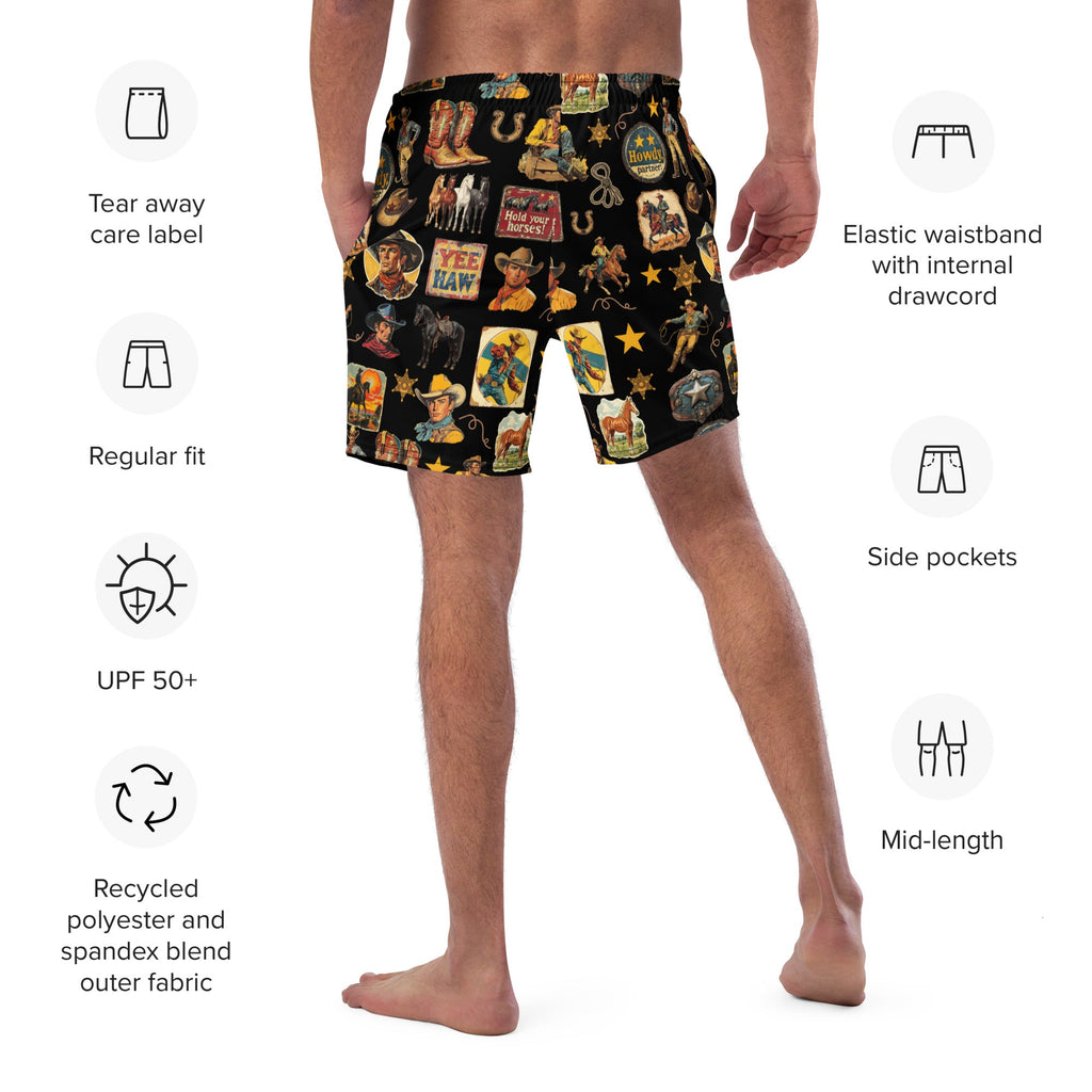 Cowboy Collage Western Swim Trunks Shorts