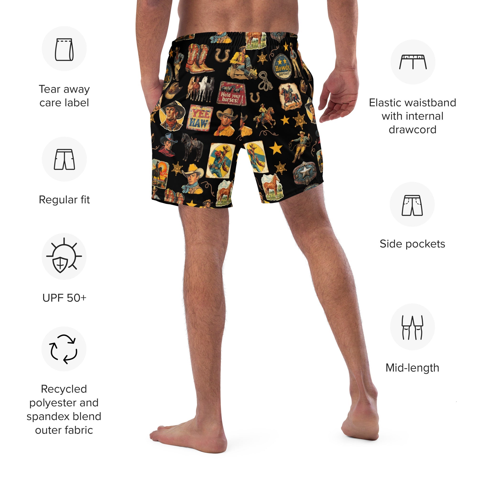 Cowboy Collage Western Swim Trunks Shorts