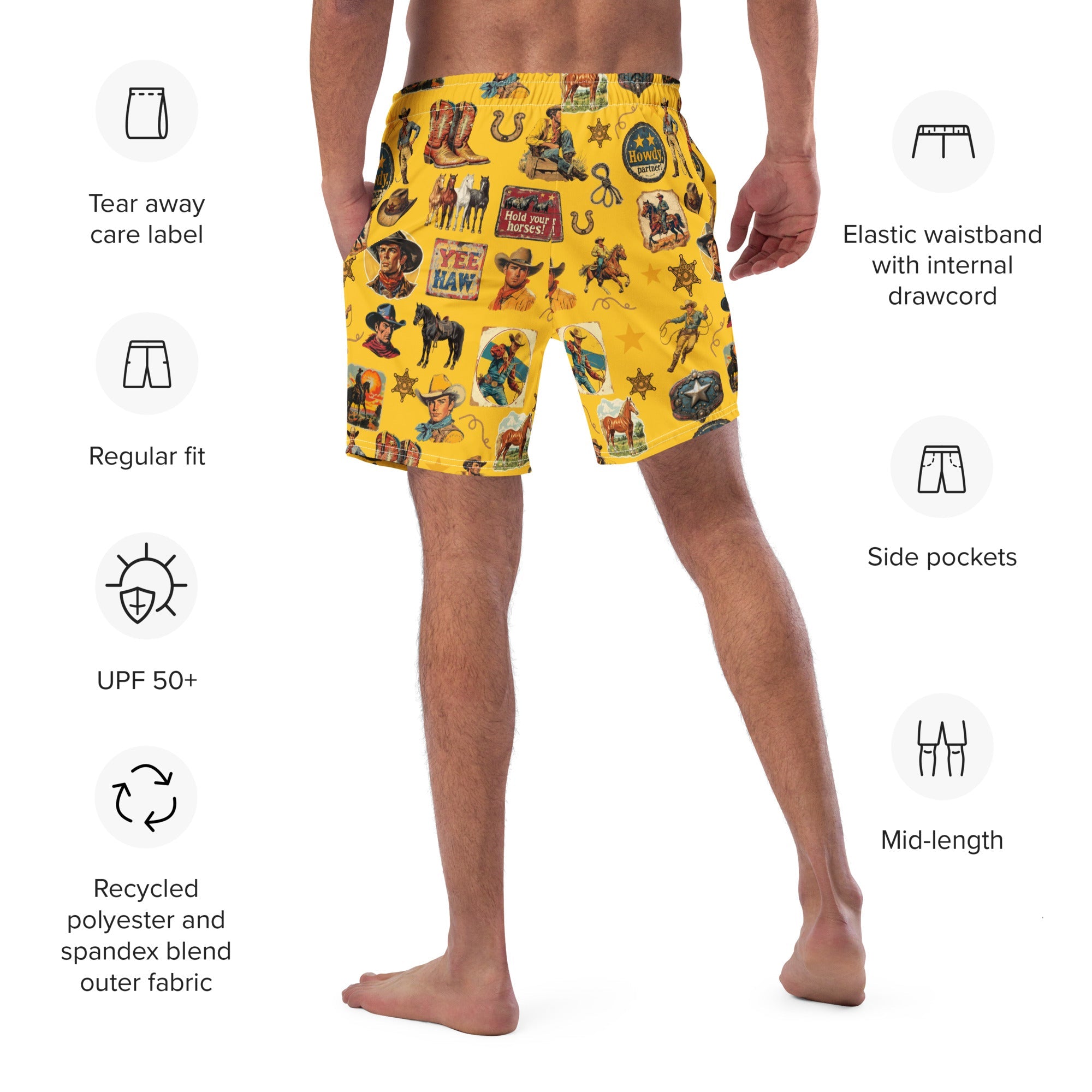 Cowboy Collage Western Swim Trunks Shorts