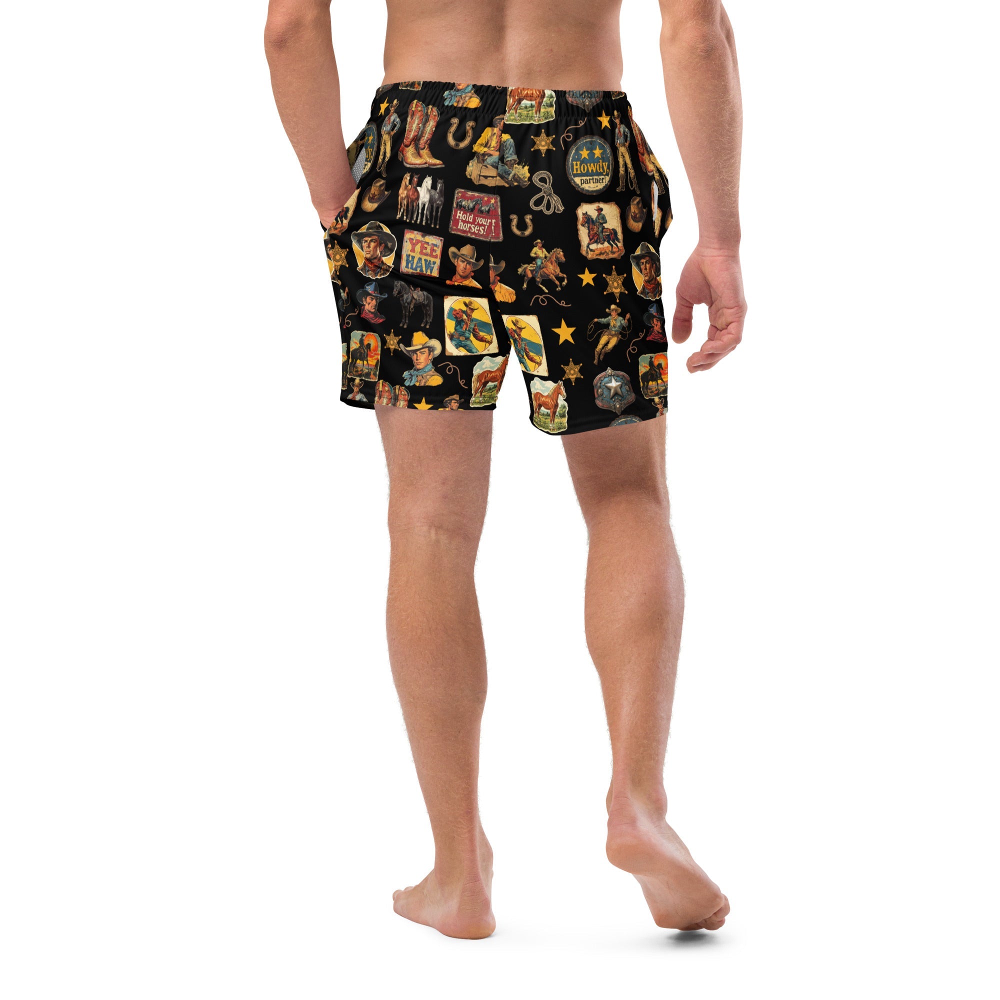 Vintage Cowboy Collage Swim Trunks