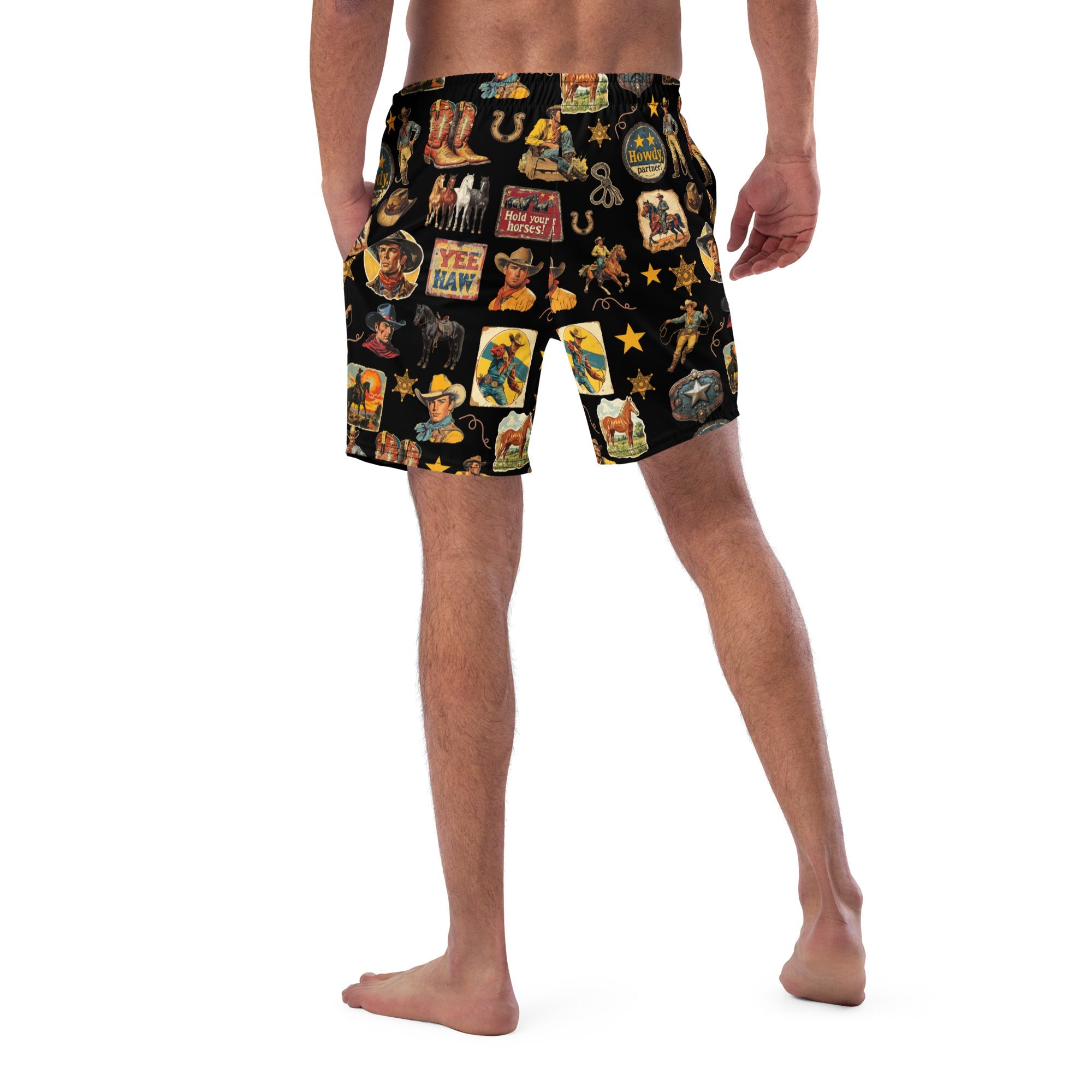 Vintage Cowboy Collage Swim Trunks