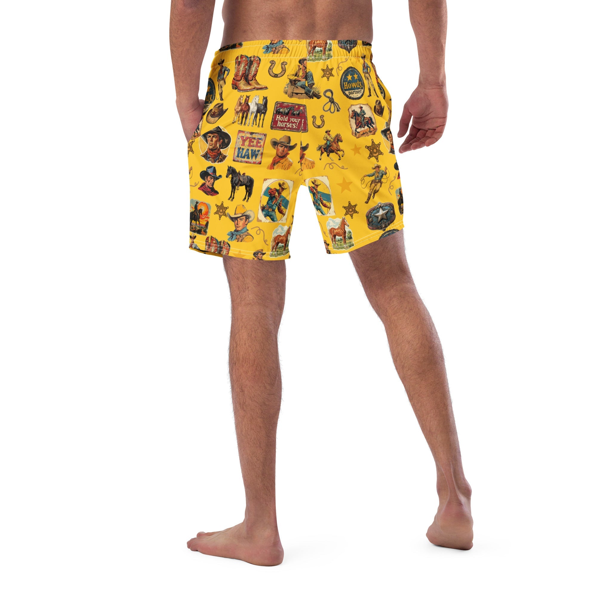 Vintage Cowboy Collage Mustard Swim Trunks