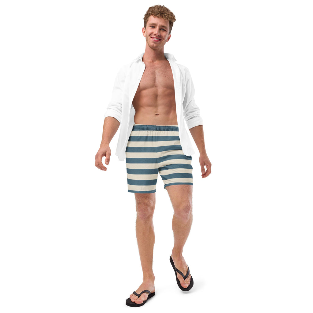 Blue Stripe Print Men's Recycled Swim Trunks