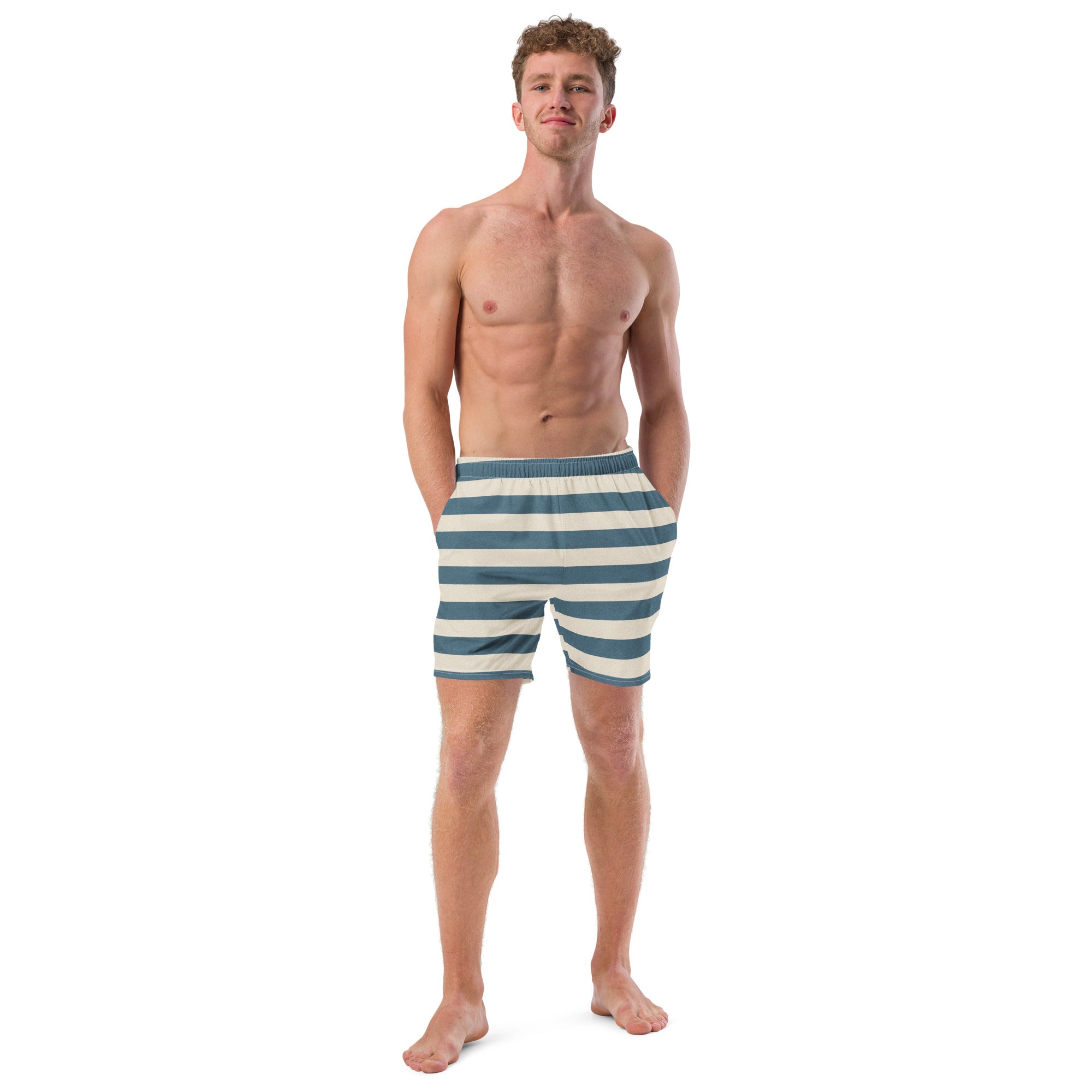 Blue Stripe Print Men's Recycled Swim Trunks