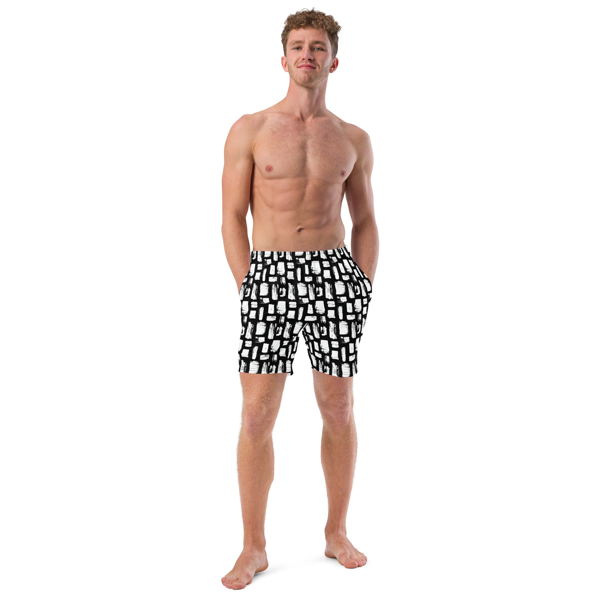 Abstract White Brushes Print Recycled Swim Trunks