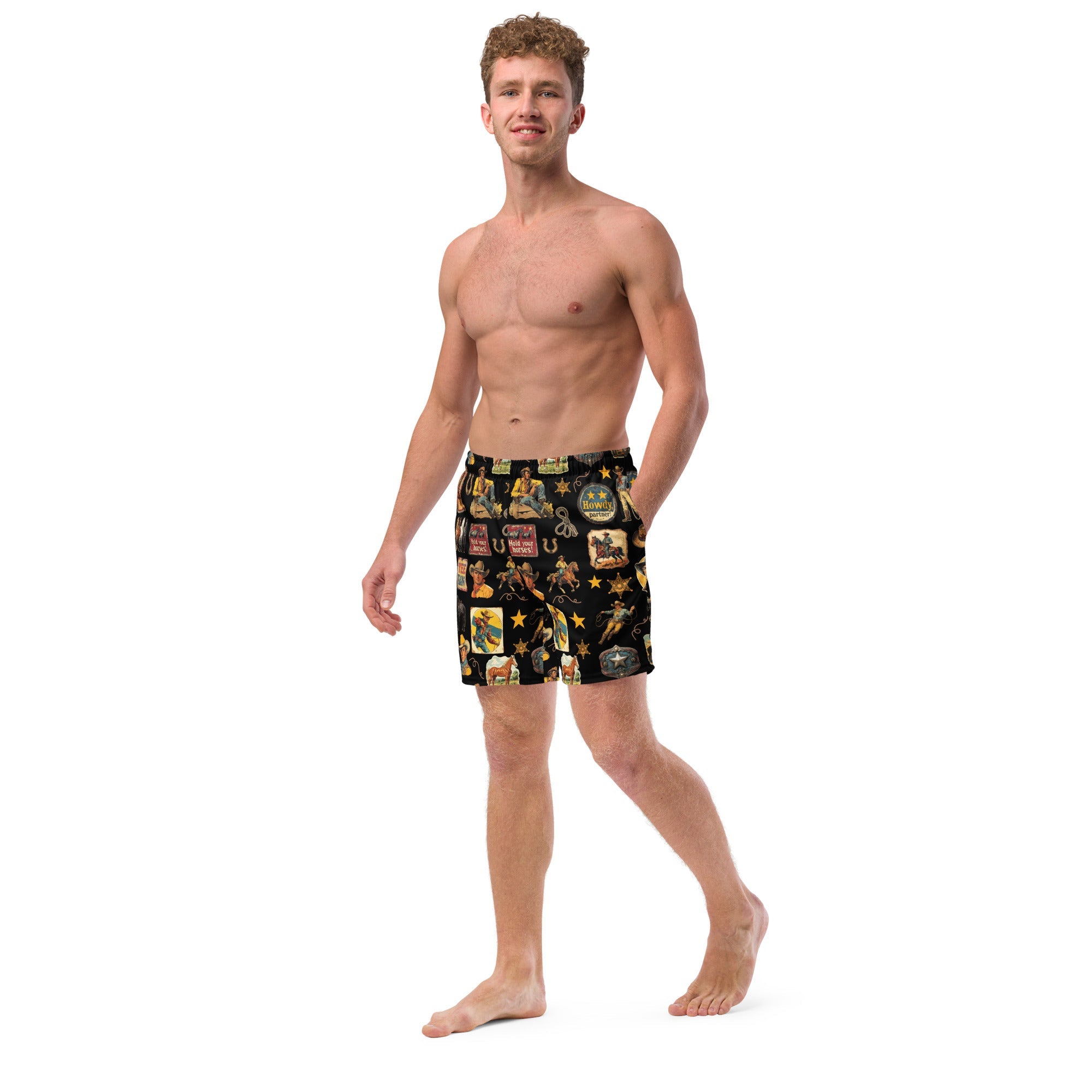 Cowboy Collage Western Swim Trunks Shorts
