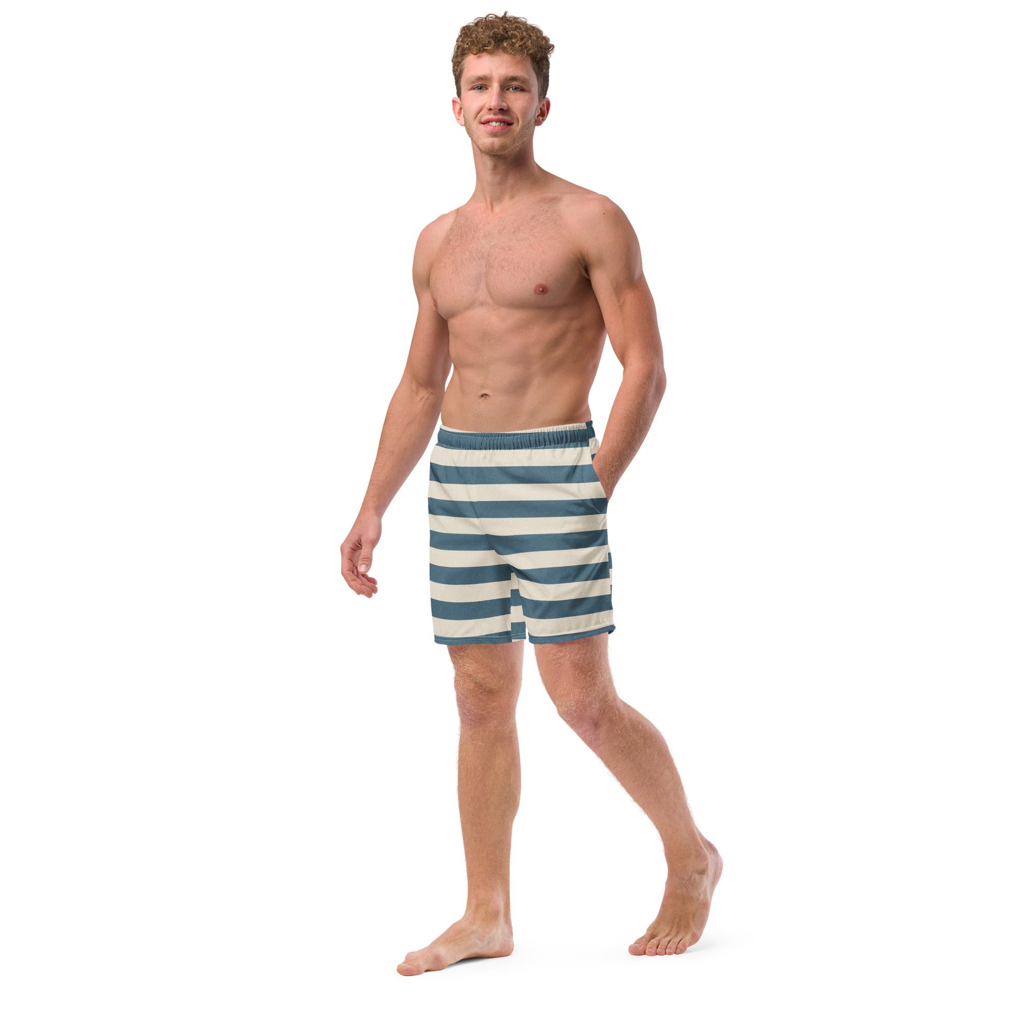 Blue Stripe Print Men's Recycled Swim Trunks