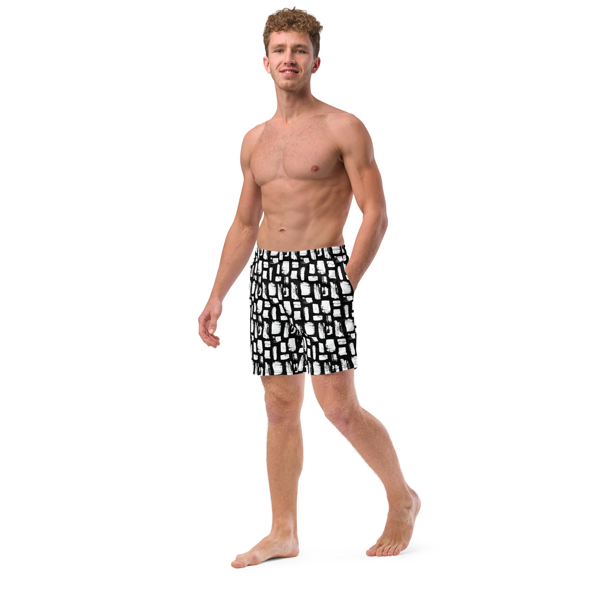 Abstract White Brushes Print Recycled Swim Trunks