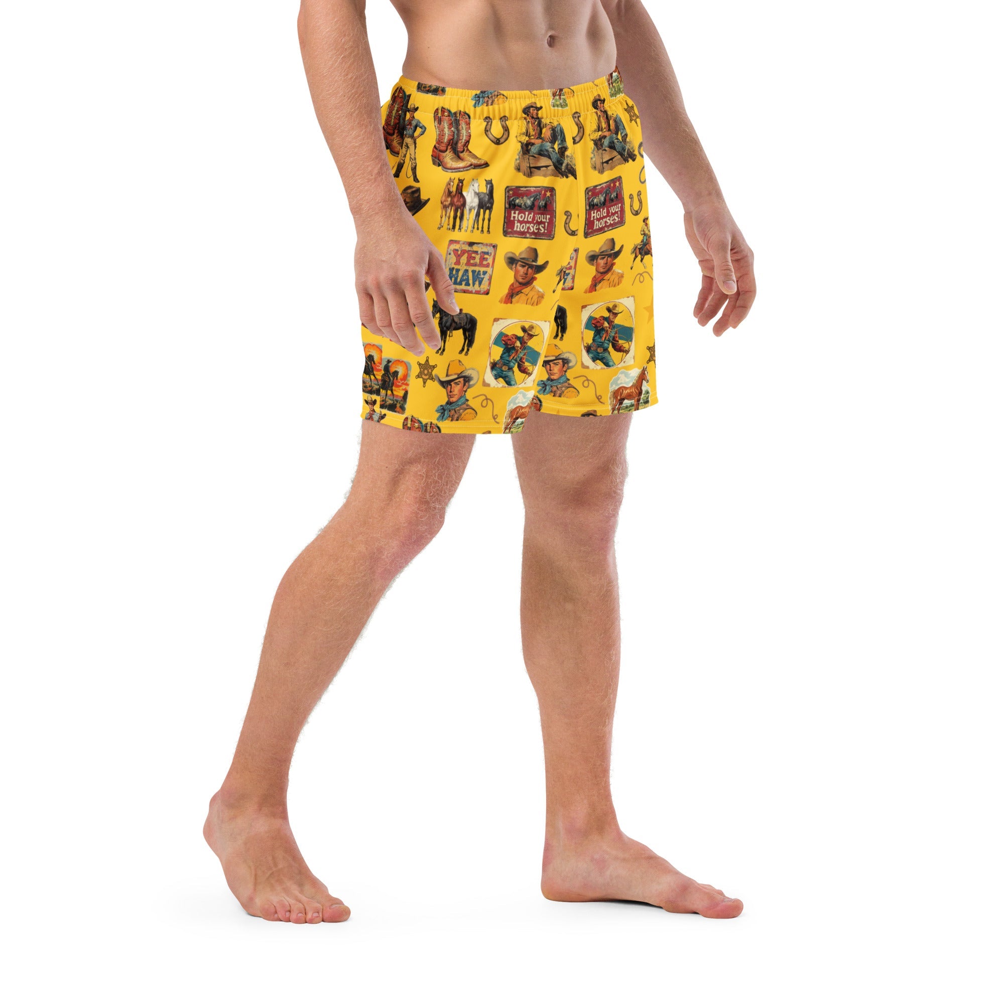 Vintage Cowboy Collage Mustard Swim Trunks