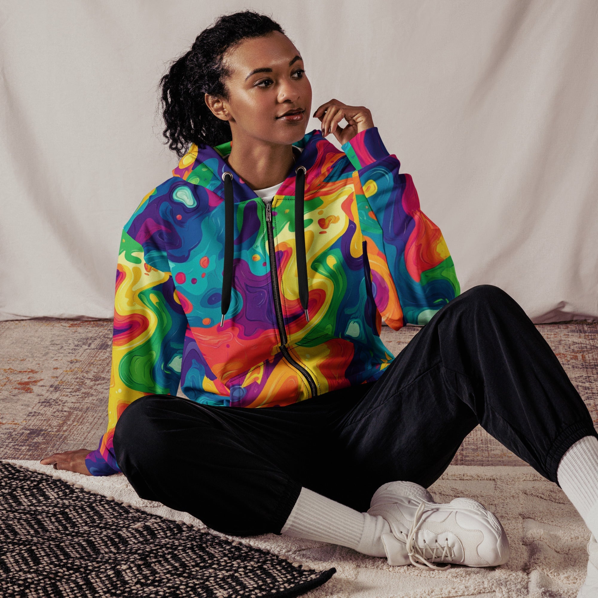 Rainbow Melt Zip Up Hoodie For EDM Rave Festival Outfit Clothing