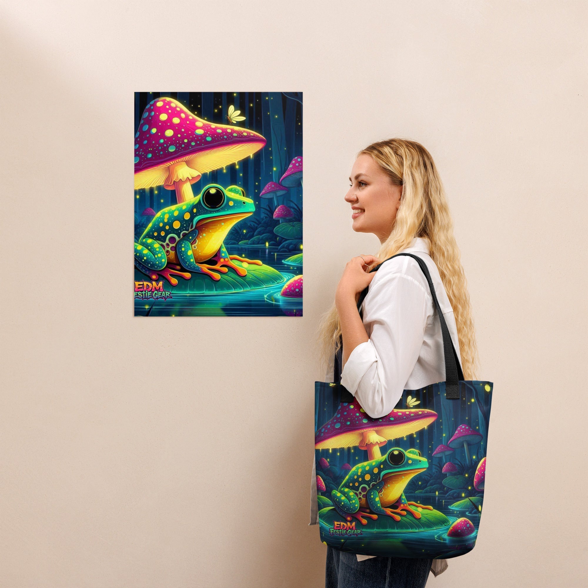 Mystical Mushroom Frog World Tote Bag For EDM Rave Festival Outfit Clothing