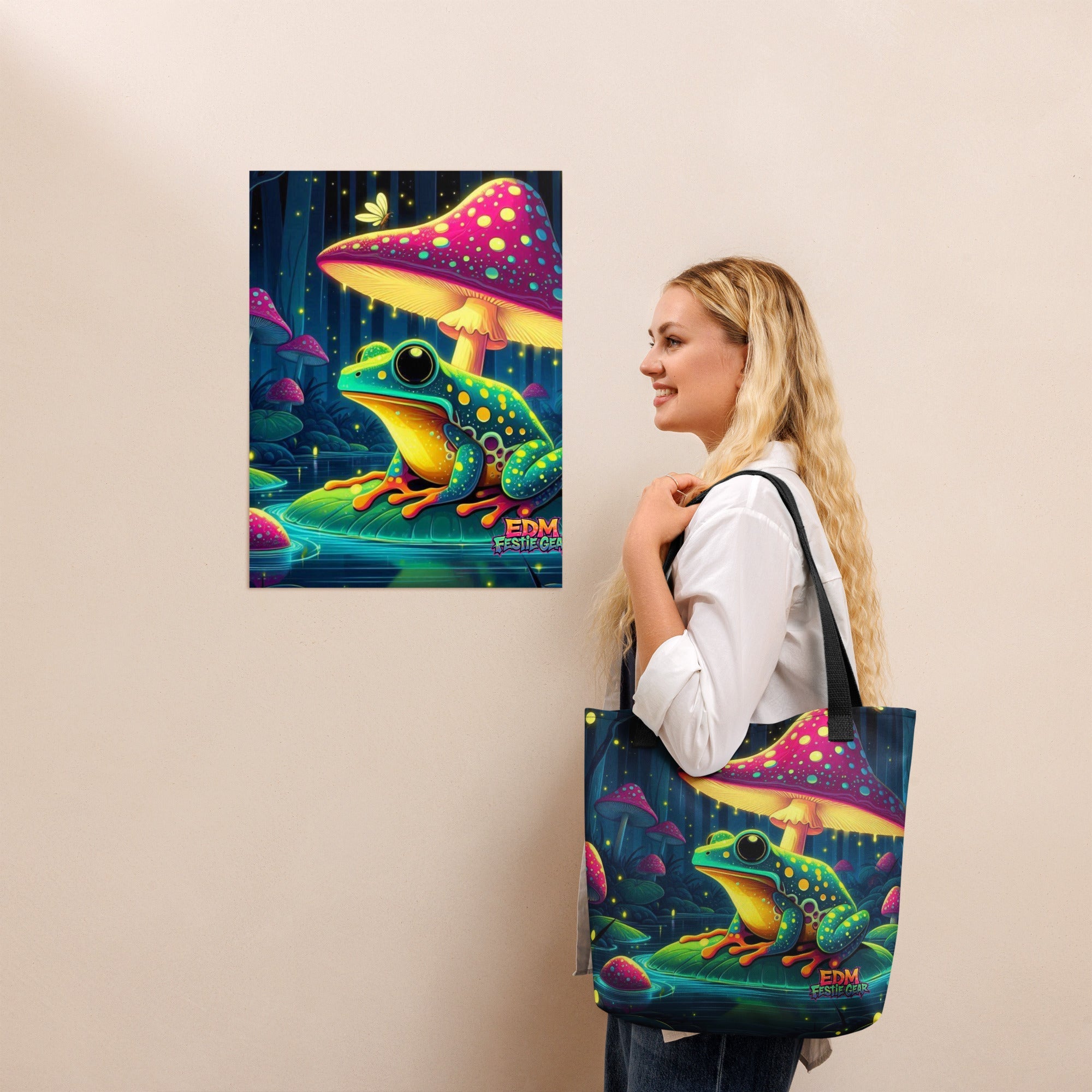 Mystical Mushroom Frog World Tote Bag For EDM Rave Festival Outfit Clothing