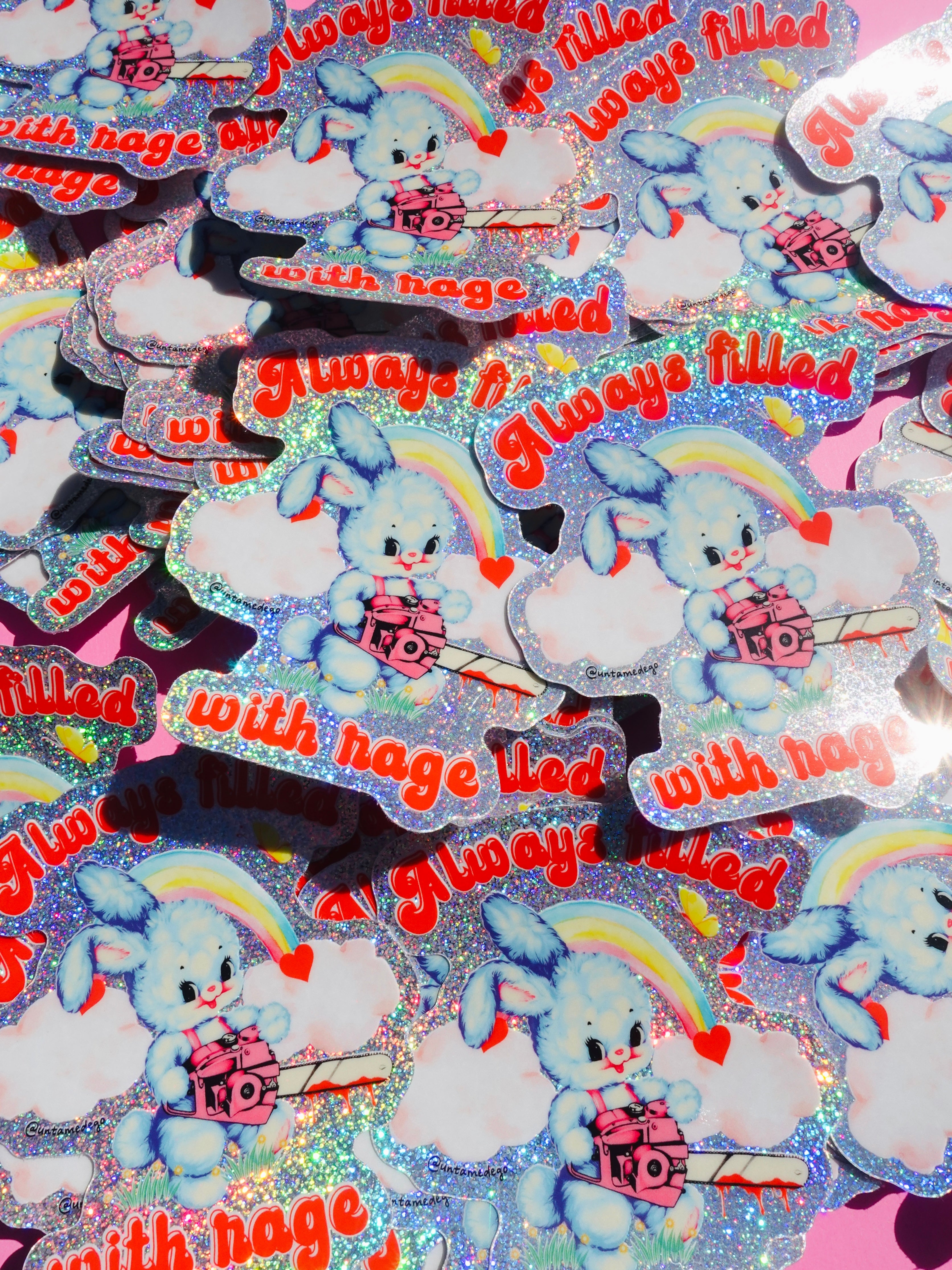 Always Filled with Rage Waterproof Vinyl Sticker – Holographic Funny Bunny Chainsaw Decal