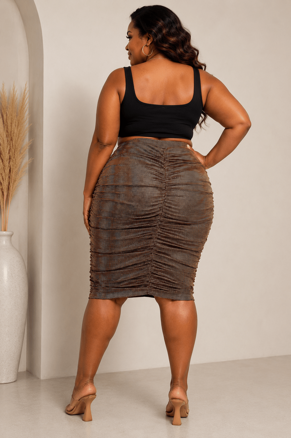 Athena Skirt - Gold Ruched Below the Knee for Effortless Elegance