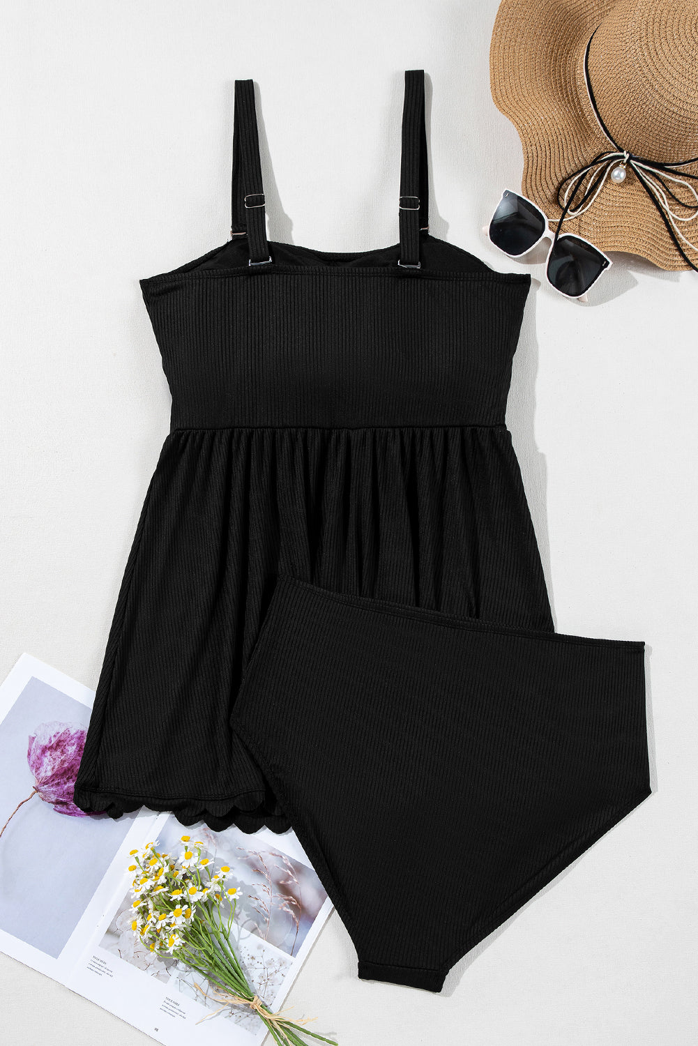 Black Textured Scalloped Trim Swim Dress with Panty