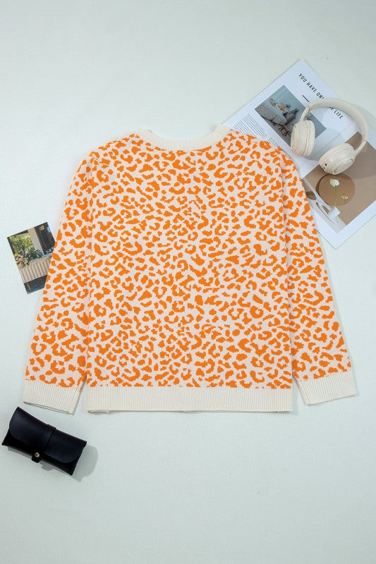 Leopard Drop Shoulder Chunky Cardigan Sweater