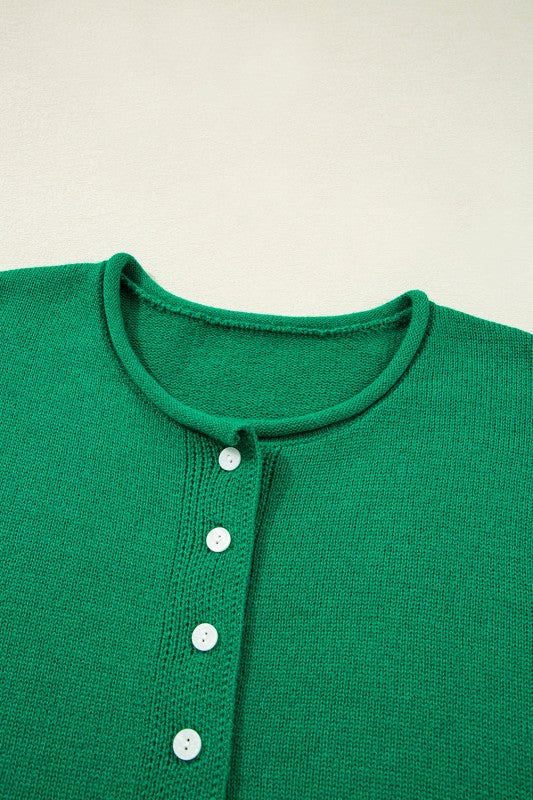Solid Knit Button-Up Drop Shoulder Sweater Cardiga