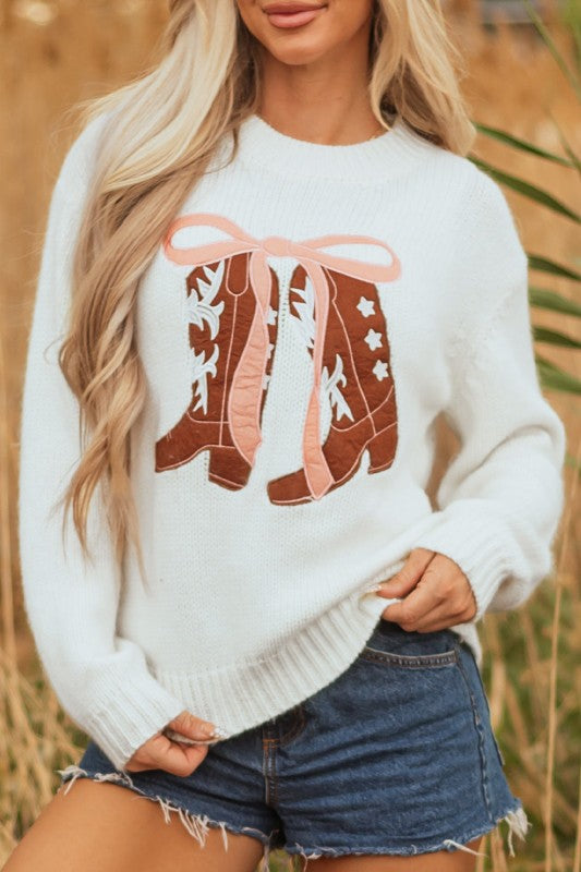 Western Bow Boots Embroidered Drop Shoulder Sweate