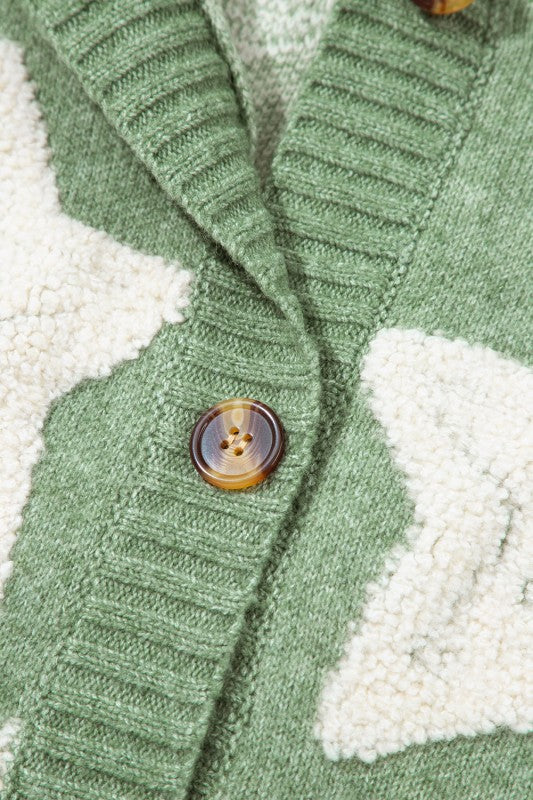 Star Sherpa Textured Buttoned Sweater Cardigan