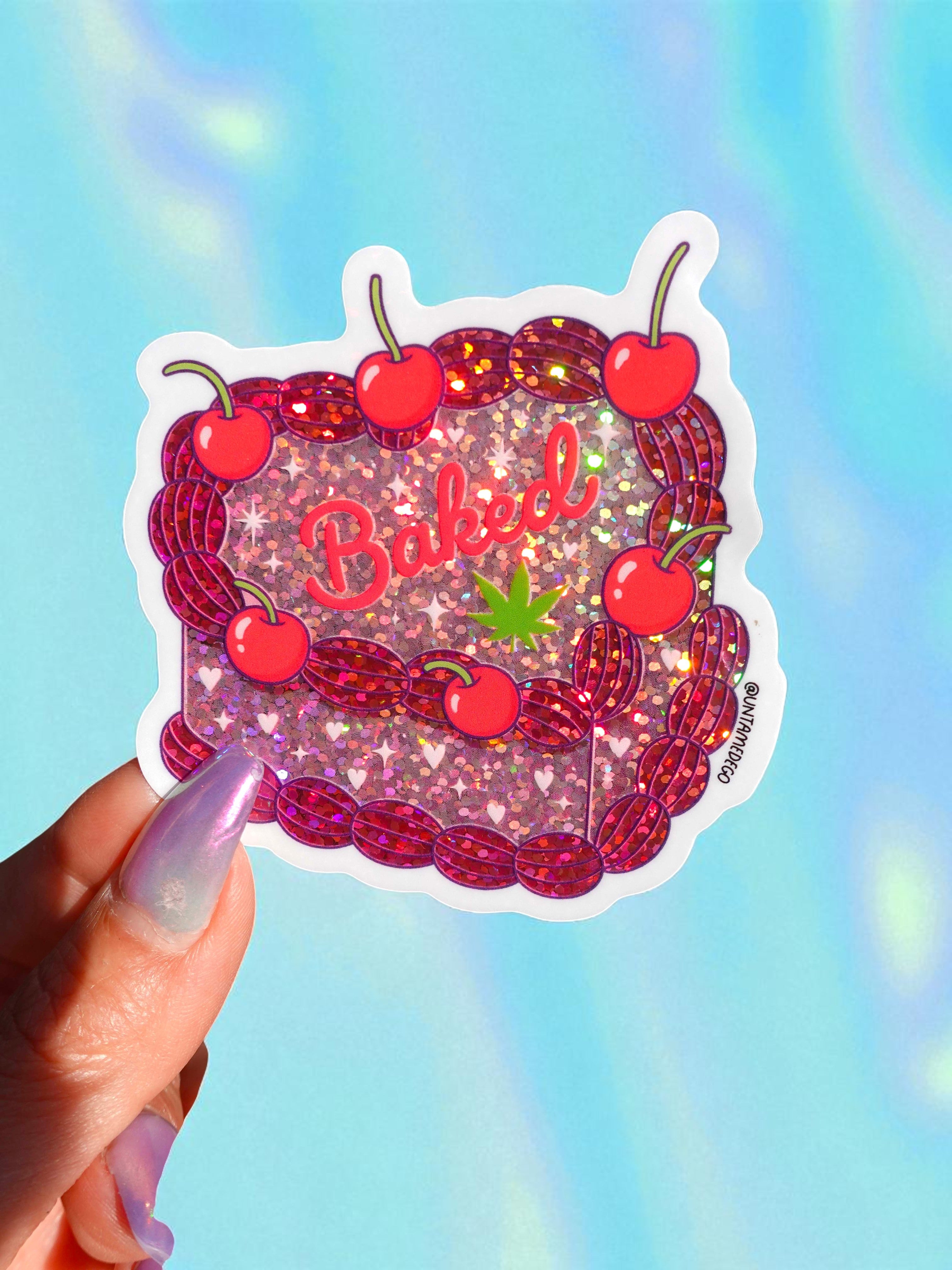 Baked Glitter Cake Sticker – Funny Weed Cherry Vinyl Sticker