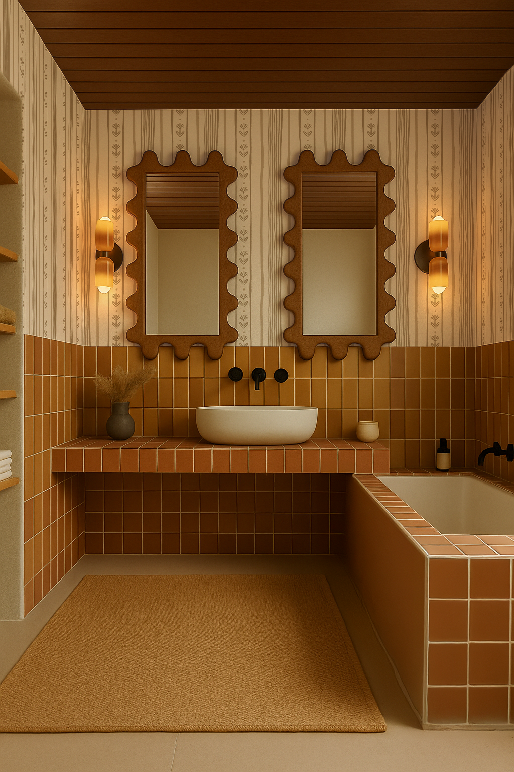 Daisy Chain Stripe Wallpaper, beige and tan